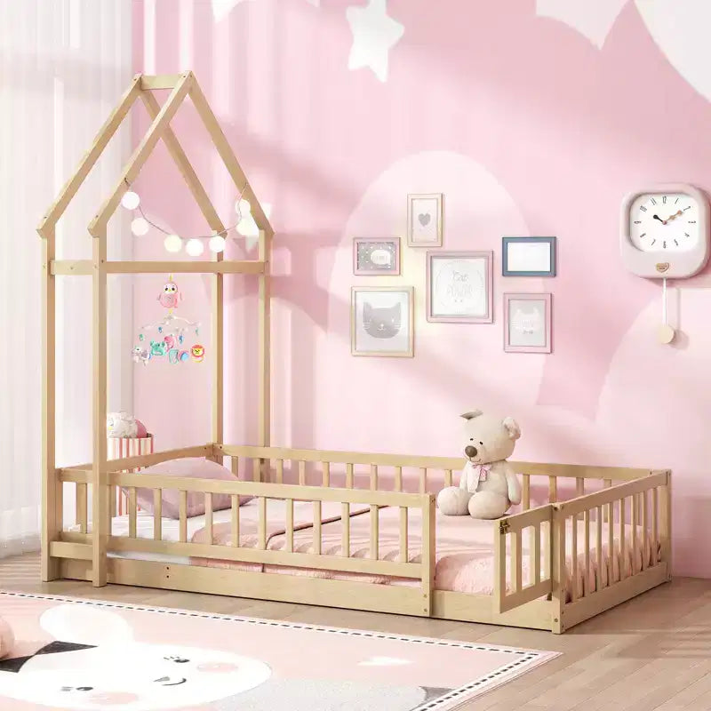 Costway Twin Size House Floor Bed with House-shaped Headboard Clothes Hanger without Slats Gray/Beige/Pink/White