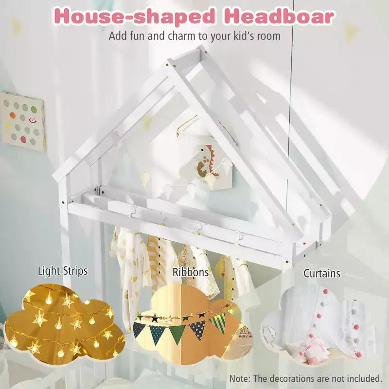 Costway Twin Size House Floor Bed with House-shaped Headboard Clothes Hanger without Slats Gray/Beige/Pink/White