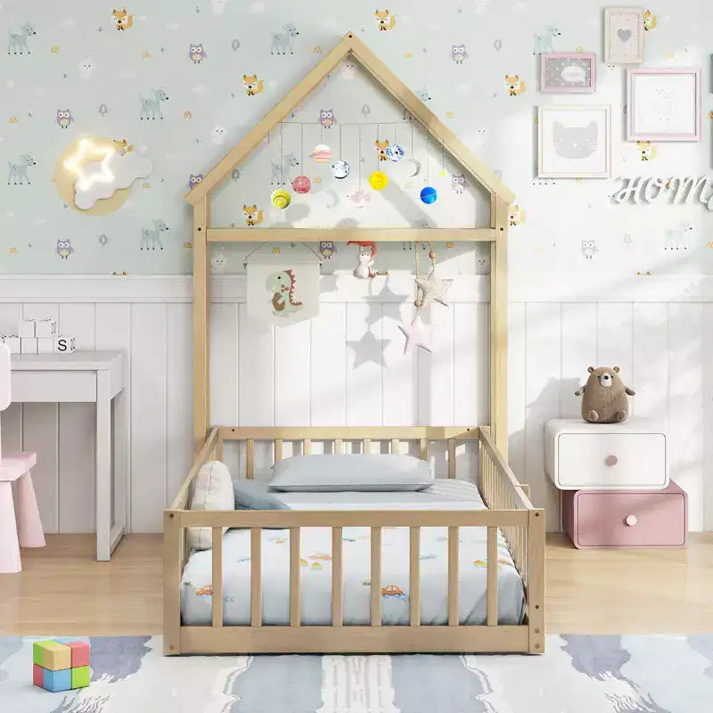 Costway Twin Size House Floor Bed with House-shaped Headboard Clothes Hanger without Slats Gray/Beige/Pink/White