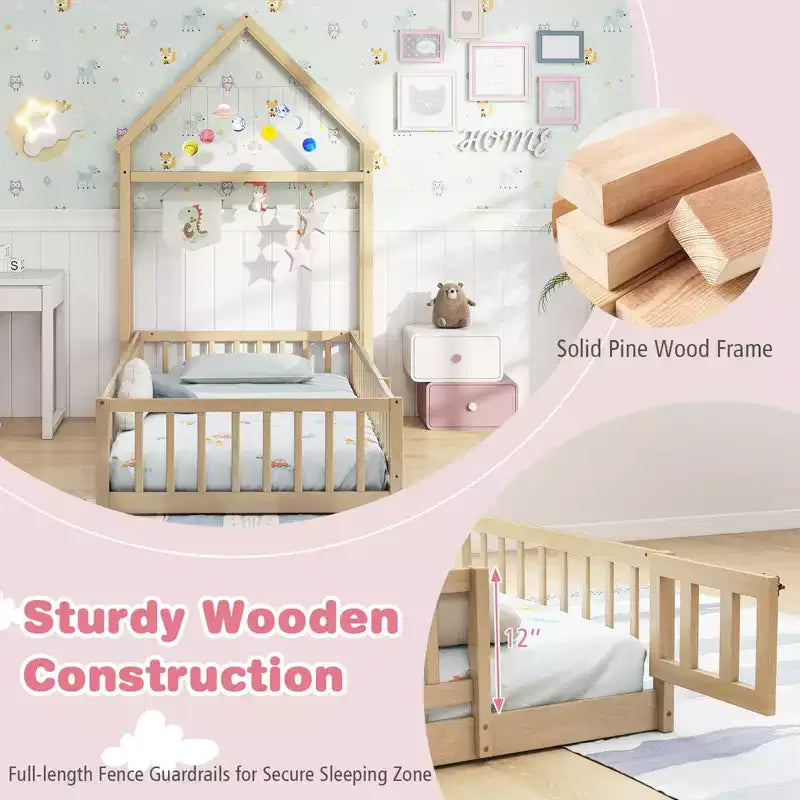 Costway Twin Size House Floor Bed with House-shaped Headboard Clothes Hanger without Slats Gray/Beige/Pink/White