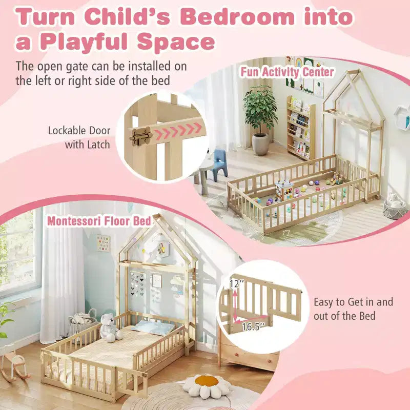 Costway Twin Size House Floor Bed with House-shaped Headboard Clothes Hanger without Slats Gray/Beige/Pink/White