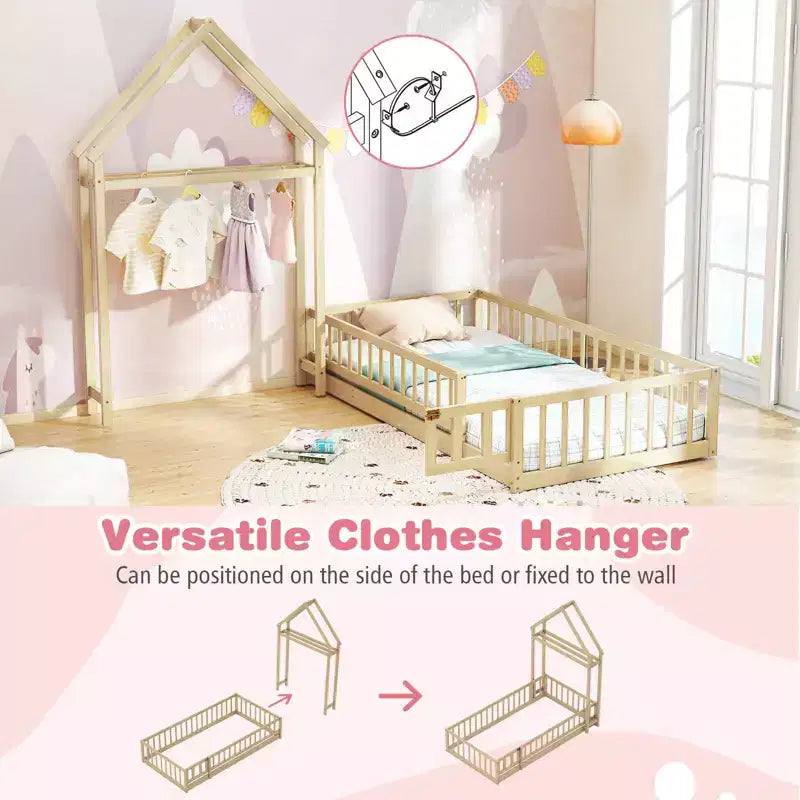 Costway Twin Size House Floor Bed with House-shaped Headboard Clothes Hanger without Slats Gray/Beige/Pink/White