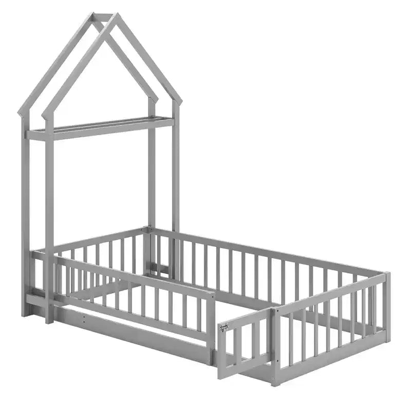 Costway Twin Size House Floor Bed with House-shaped Headboard Clothes Hanger without Slats Gray/Beige/Pink/White