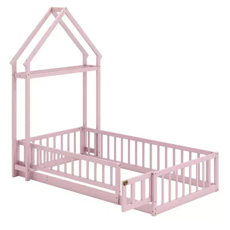 Costway Twin Size House Floor Bed with House-shaped Headboard Clothes Hanger without Slats Gray/Beige/Pink/White