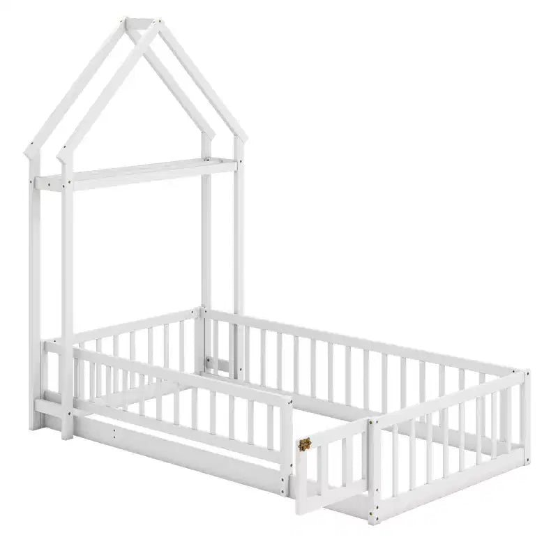 Costway Twin Size House Floor Bed with House-shaped Headboard Clothes Hanger without Slats Gray/Beige/Pink/White