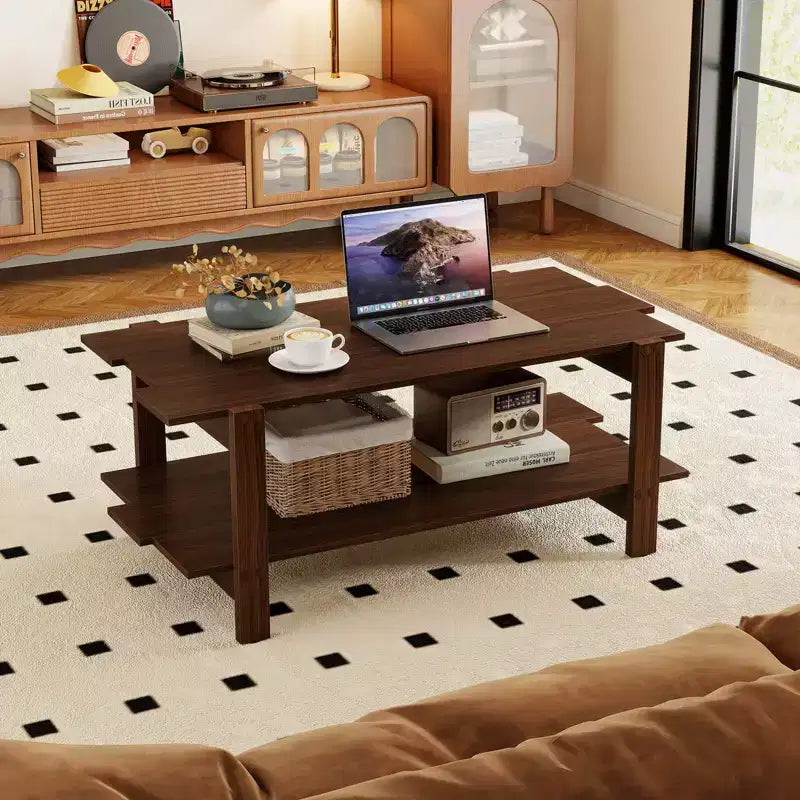 Costway 2-Tier Coffee Table Irregular Center Table with Open Storage Shelf Cocktail Table Walnut/Black/Brown/White