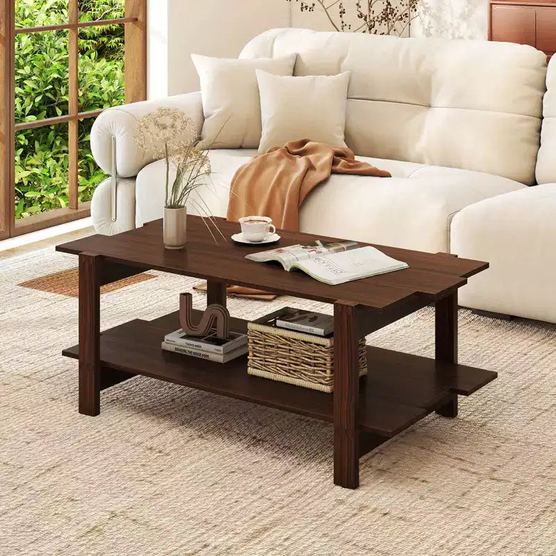 Costway 2-Tier Coffee Table Irregular Center Table with Open Storage Shelf Cocktail Table Walnut/Black/Brown/White