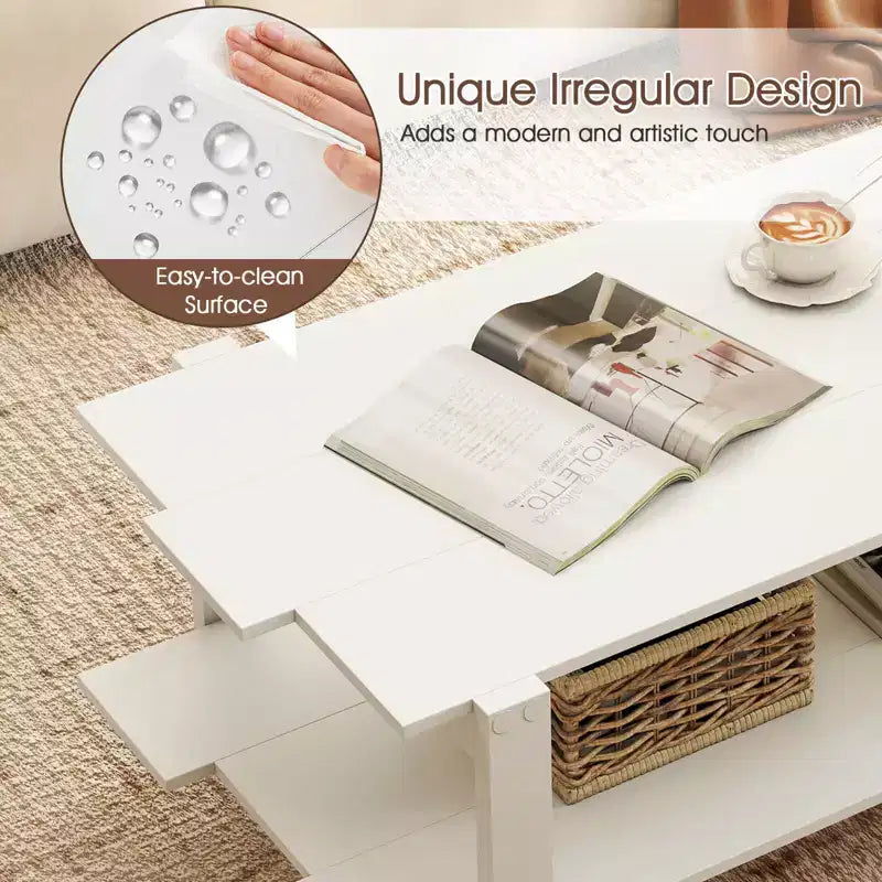 Costway 2-Tier Coffee Table Irregular Center Table with Open Storage Shelf Cocktail Table Walnut/Black/Brown/White