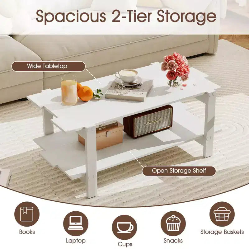Costway 2-Tier Coffee Table Irregular Center Table with Open Storage Shelf Cocktail Table Walnut/Black/Brown/White