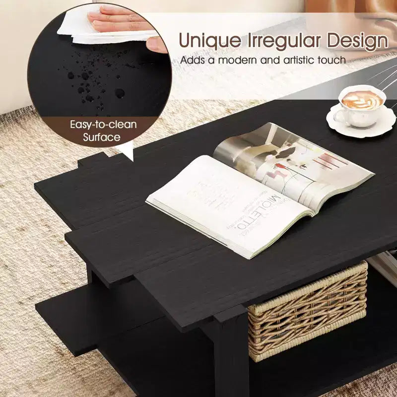 Costway 2-Tier Coffee Table Irregular Center Table with Open Storage Shelf Cocktail Table Walnut/Black/Brown/White