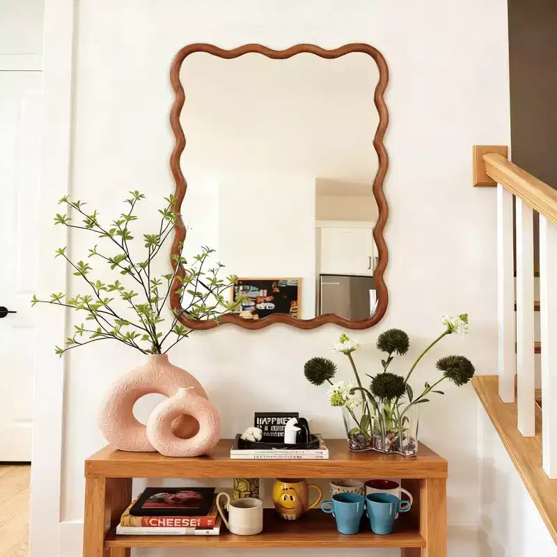 MAYEERTY 30 x 40 Wavy Rectangle Solid Wood Frame Decroative Mirror for Bedroom Bathroom Living Room Yellowish Brown