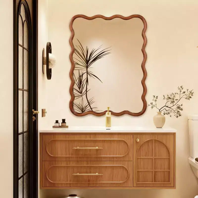 MAYEERTY 30 x 40 Wavy Rectangle Solid Wood Frame Decroative Mirror for Bedroom Bathroom Living Room Yellowish Brown