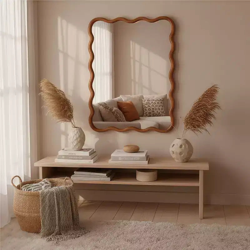 MAYEERTY 30 x 40 Wavy Rectangle Solid Wood Frame Decroative Mirror for Bedroom Bathroom Living Room Yellowish Brown