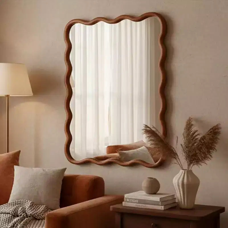 MAYEERTY 30 x 40 Wavy Rectangle Solid Wood Frame Decroative Mirror for Bedroom Bathroom Living Room Yellowish Brown