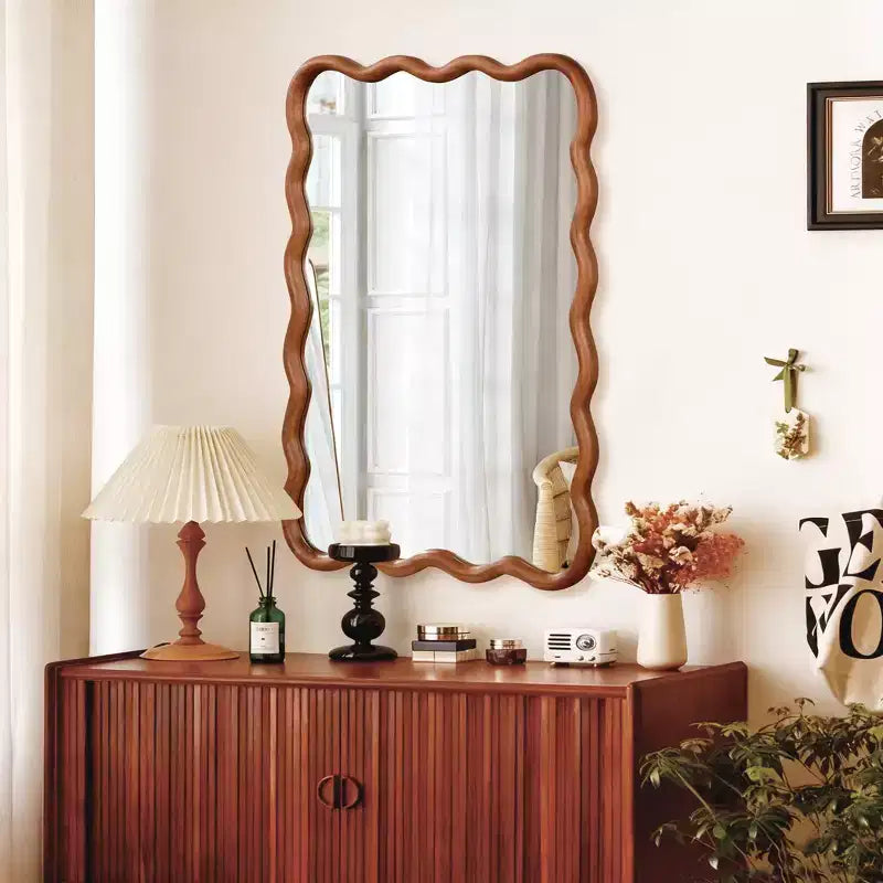 MAYEERTY 30 x 40 Wavy Rectangle Solid Wood Frame Decroative Mirror for Bedroom Bathroom Living Room Yellowish Brown