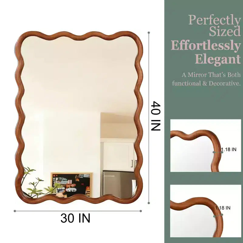 MAYEERTY 30 x 40 Wavy Rectangle Solid Wood Frame Decroative Mirror for Bedroom Bathroom Living Room Yellowish Brown