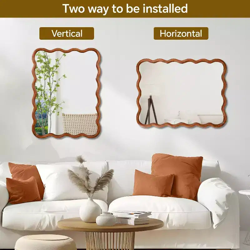 MAYEERTY 30 x 40 Wavy Rectangle Solid Wood Frame Decroative Mirror for Bedroom Bathroom Living Room Yellowish Brown