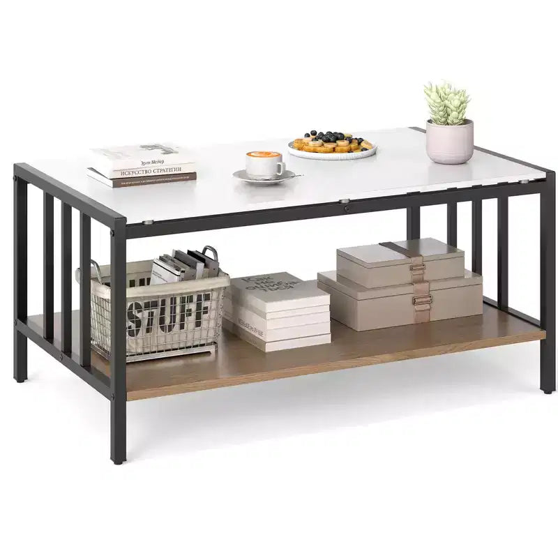 Costway 2-Tier Rectangular Coffee Table with Rock Slab Tabletop Open Shelf for Living Room
