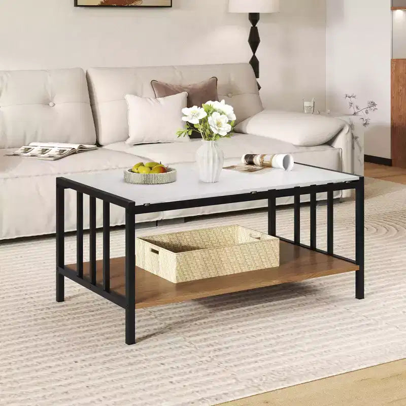 Costway 2-Tier Rectangular Coffee Table with Rock Slab Tabletop Open Shelf for Living Room
