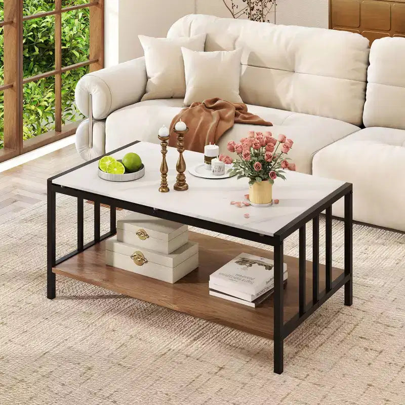 Costway 2-Tier Rectangular Coffee Table with Rock Slab Tabletop Open Shelf for Living Room