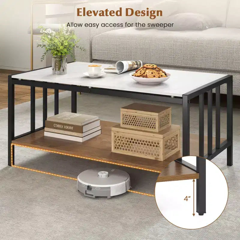 Costway 2-Tier Rectangular Coffee Table with Rock Slab Tabletop Open Shelf for Living Room