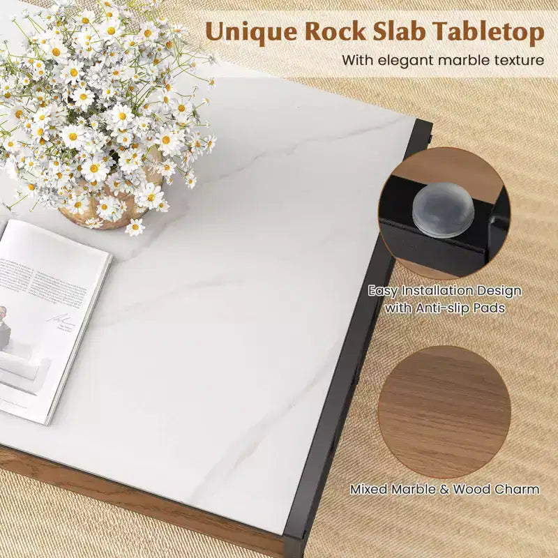 Costway 2-Tier Rectangular Coffee Table with Rock Slab Tabletop Open Shelf for Living Room