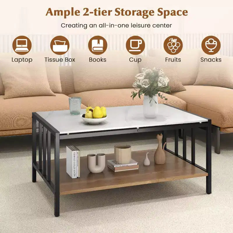 Costway 2-Tier Rectangular Coffee Table with Rock Slab Tabletop Open Shelf for Living Room