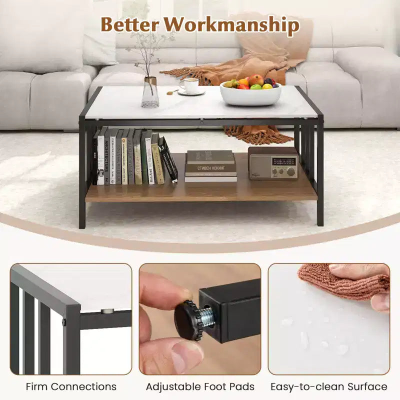 Costway 2-Tier Rectangular Coffee Table with Rock Slab Tabletop Open Shelf for Living Room