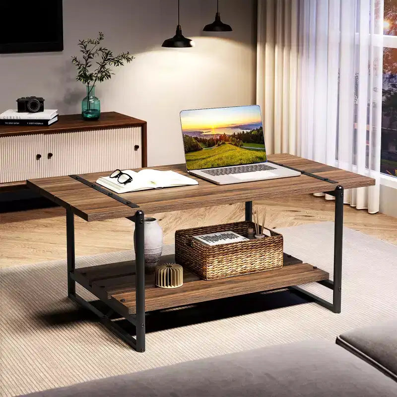 41 Inch Double Tiered Farmhouse Coffee Table with Storage Shelves, Modern Rustic Metal Rectangular Living Room Coffee Table, Decorative Furniture