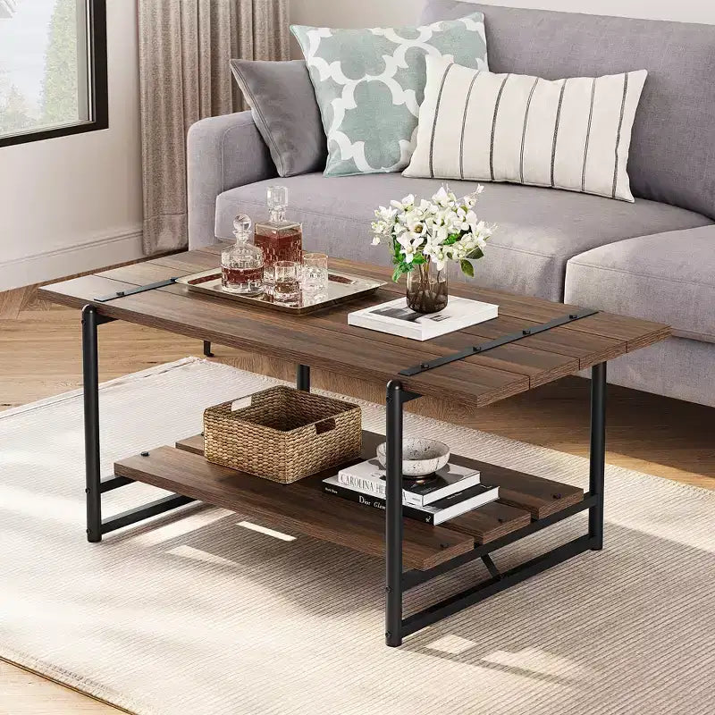 41 Inch Double Tiered Farmhouse Coffee Table with Storage Shelves, Modern Rustic Metal Rectangular Living Room Coffee Table, Decorative Furniture