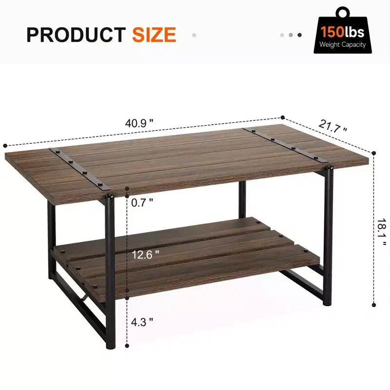 41 Inch Double Tiered Farmhouse Coffee Table with Storage Shelves, Modern Rustic Metal Rectangular Living Room Coffee Table, Decorative Furniture