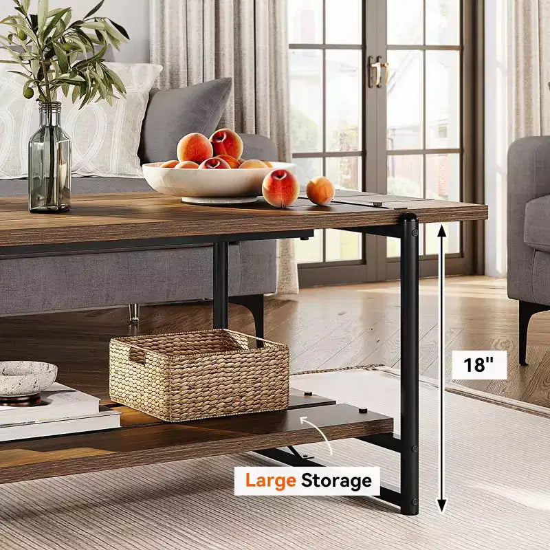 41 Inch Double Tiered Farmhouse Coffee Table with Storage Shelves, Modern Rustic Metal Rectangular Living Room Coffee Table, Decorative Furniture