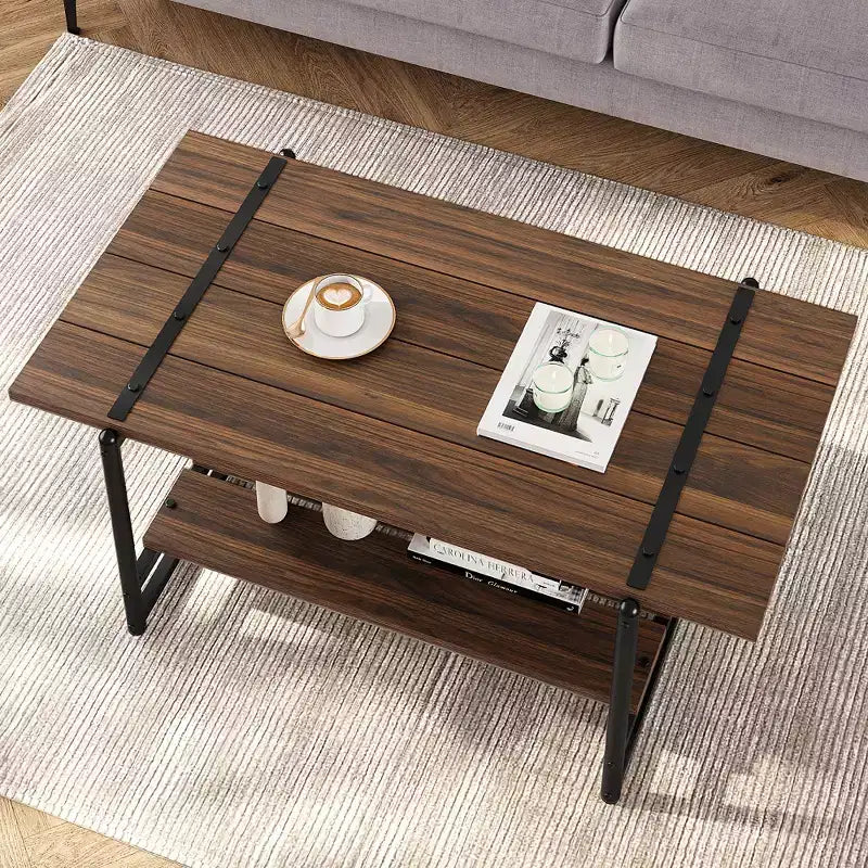 41 Inch Double Tiered Farmhouse Coffee Table with Storage Shelves, Modern Rustic Metal Rectangular Living Room Coffee Table, Decorative Furniture