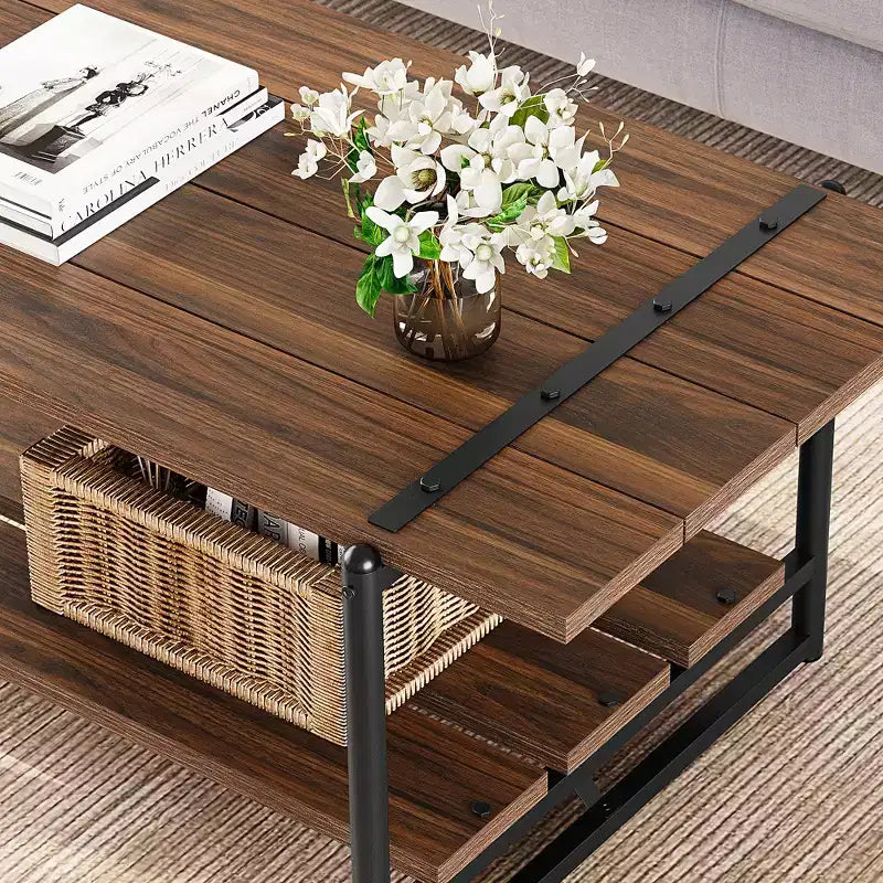 41 Inch Double Tiered Farmhouse Coffee Table with Storage Shelves, Modern Rustic Metal Rectangular Living Room Coffee Table, Decorative Furniture
