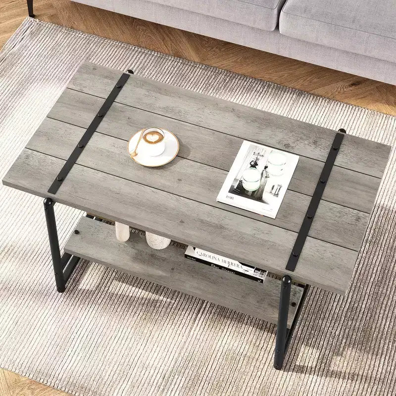 41 Inch Double Tiered Farmhouse Coffee Table with Storage Shelves, Modern Rustic Metal Rectangular Living Room Coffee Table, Decorative Furniture