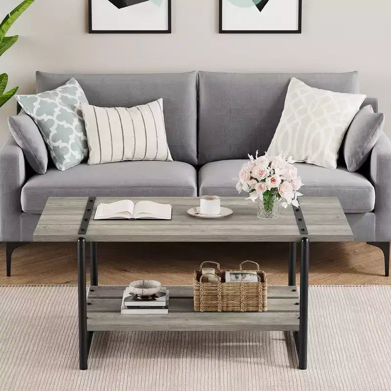 41 Inch Double Tiered Farmhouse Coffee Table with Storage Shelves, Modern Rustic Metal Rectangular Living Room Coffee Table, Decorative Furniture