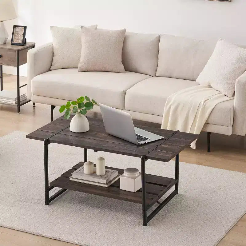 41 Inch Double Tiered Farmhouse Coffee Table with Storage Shelves, Modern Rustic Metal Rectangular Living Room Coffee Table, Decorative Furniture