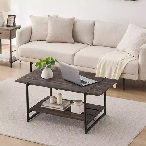 41 Inch Double Tiered Farmhouse Coffee Table with Storage Shelves, Modern Rustic Metal Rectangular Living Room Coffee Table, Decorative Furniture