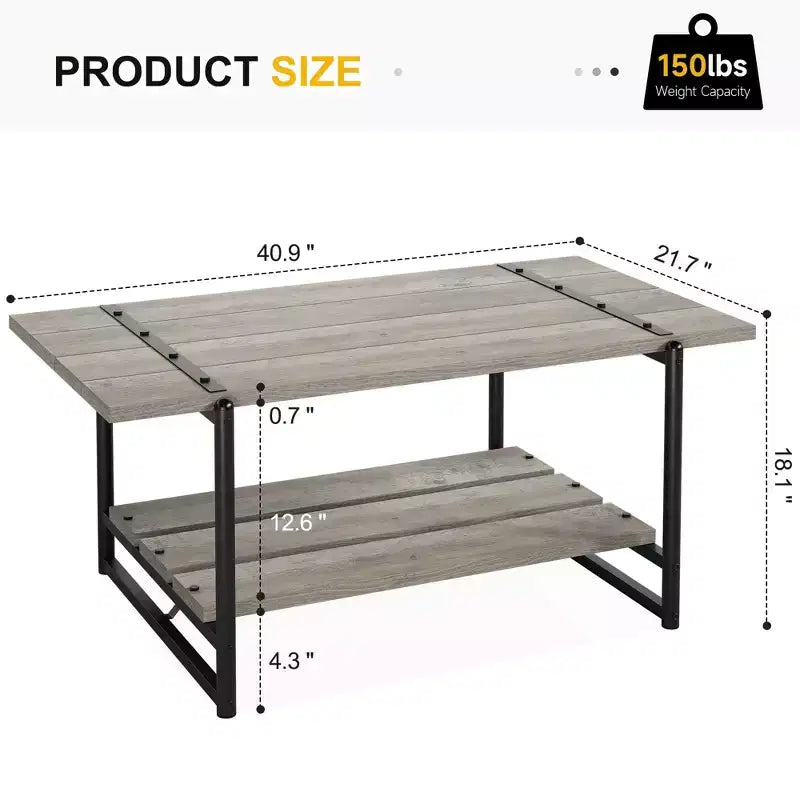41 Inch Double Tiered Farmhouse Coffee Table with Storage Shelves, Modern Rustic Metal Rectangular Living Room Coffee Table, Decorative Furniture