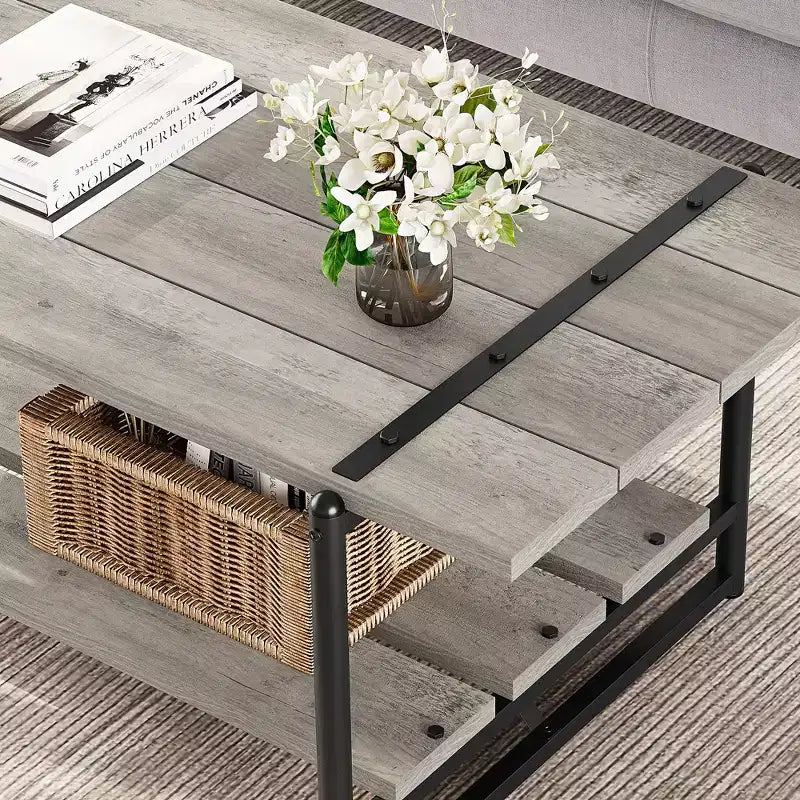 41 Inch Double Tiered Farmhouse Coffee Table with Storage Shelves, Modern Rustic Metal Rectangular Living Room Coffee Table, Decorative Furniture