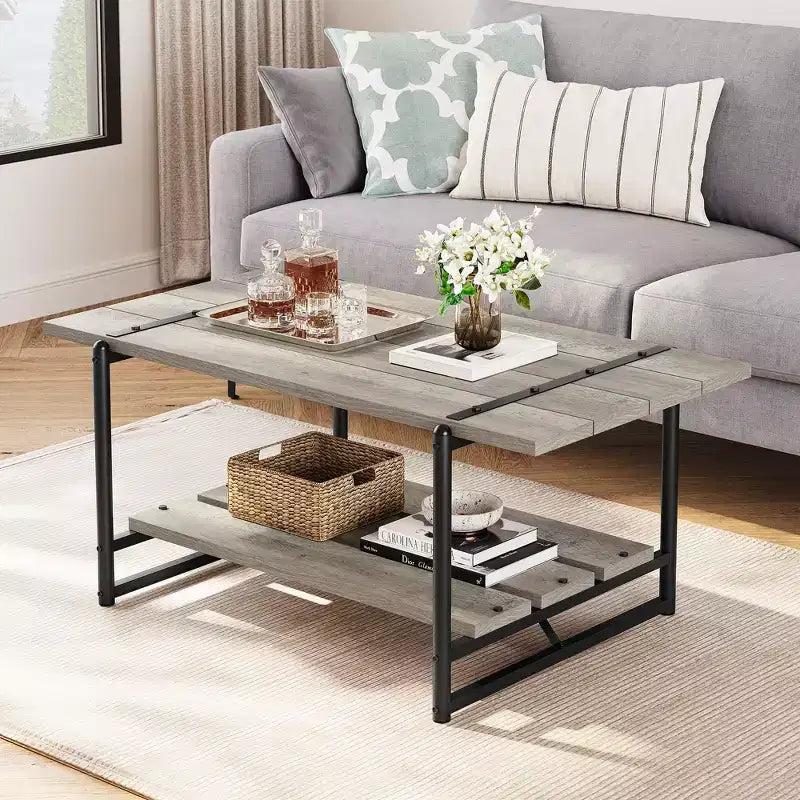 41 Inch Double Tiered Farmhouse Coffee Table with Storage Shelves, Modern Rustic Metal Rectangular Living Room Coffee Table, Decorative Furniture