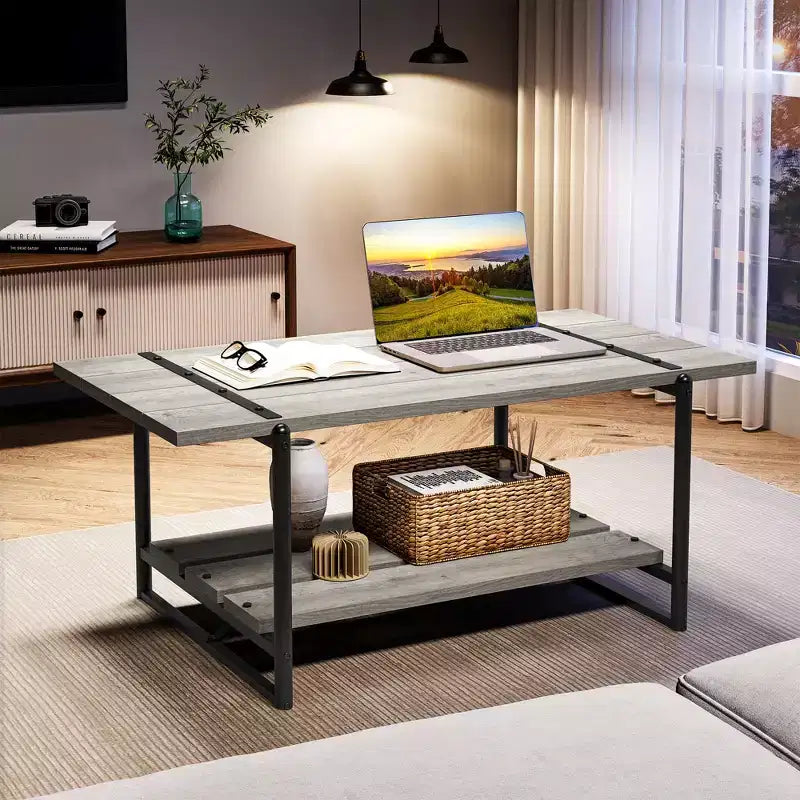 41 Inch Double Tiered Farmhouse Coffee Table with Storage Shelves, Modern Rustic Metal Rectangular Living Room Coffee Table, Decorative Furniture
