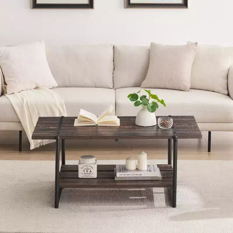 41 Inch Double Tiered Farmhouse Coffee Table with Storage Shelves, Modern Rustic Metal Rectangular Living Room Coffee Table, Decorative Furniture