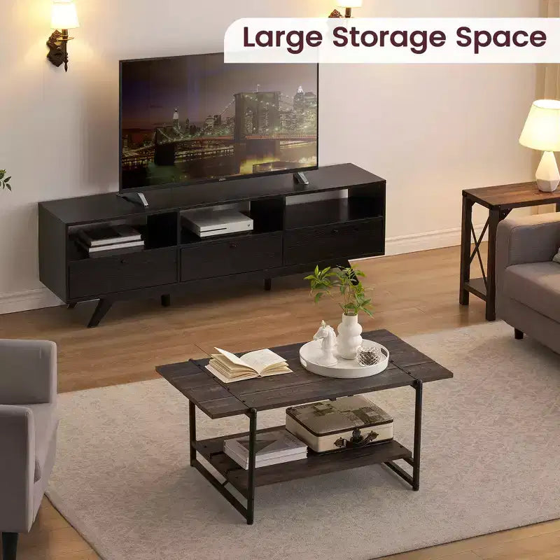 41 Inch Double Tiered Farmhouse Coffee Table with Storage Shelves, Modern Rustic Metal Rectangular Living Room Coffee Table, Decorative Furniture