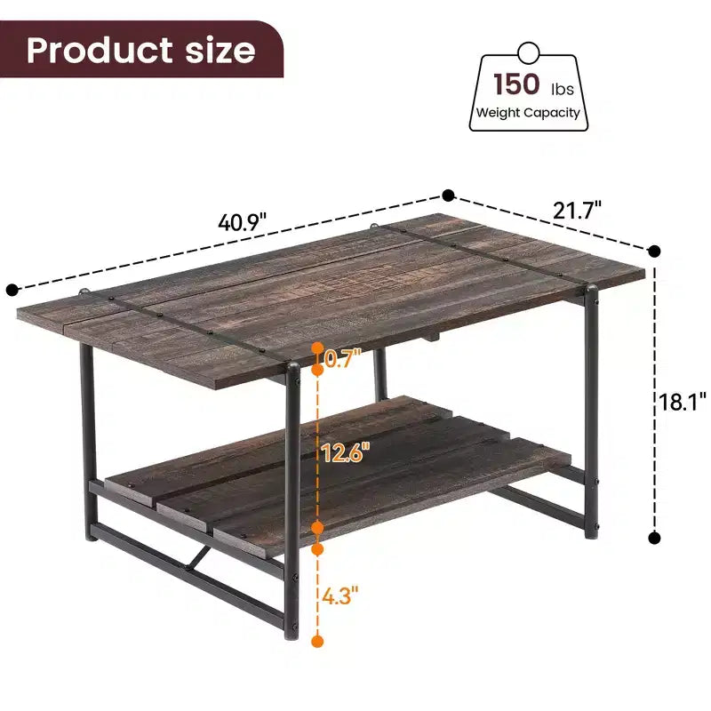 41 Inch Double Tiered Farmhouse Coffee Table with Storage Shelves, Modern Rustic Metal Rectangular Living Room Coffee Table, Decorative Furniture