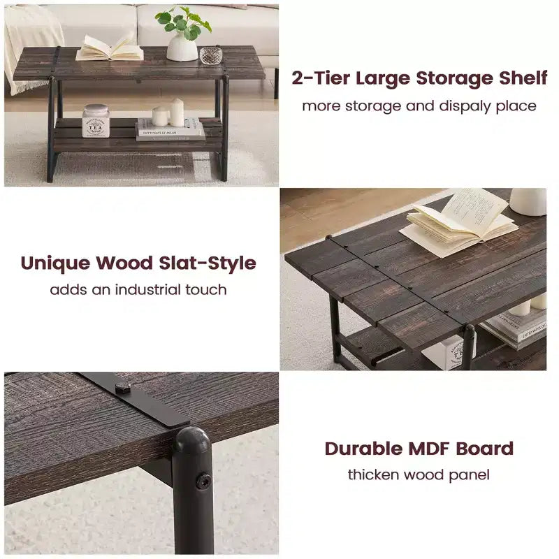 41 Inch Double Tiered Farmhouse Coffee Table with Storage Shelves, Modern Rustic Metal Rectangular Living Room Coffee Table, Decorative Furniture