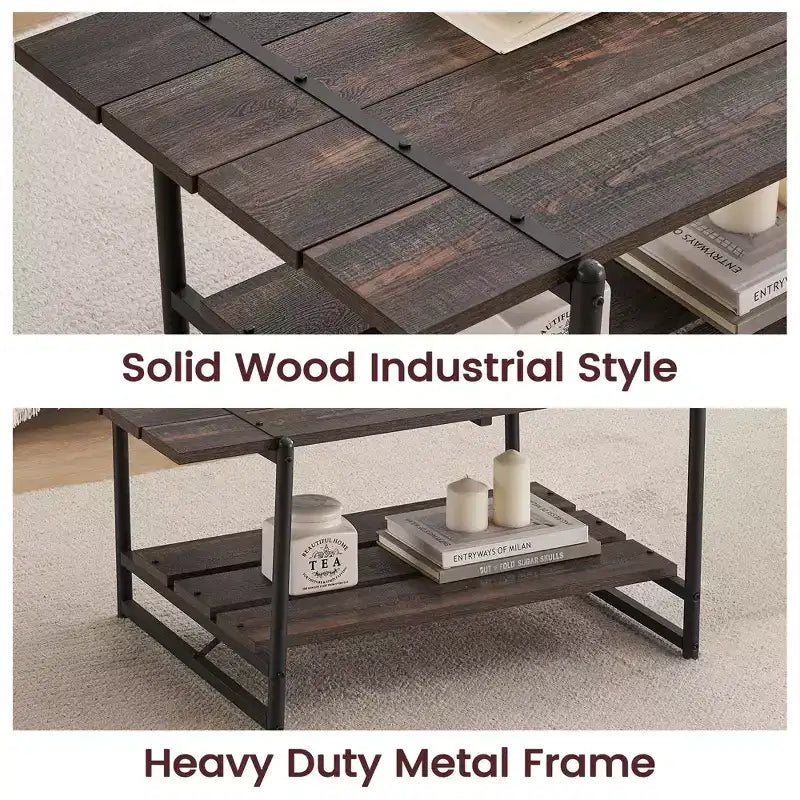 41 Inch Double Tiered Farmhouse Coffee Table with Storage Shelves, Modern Rustic Metal Rectangular Living Room Coffee Table, Decorative Furniture