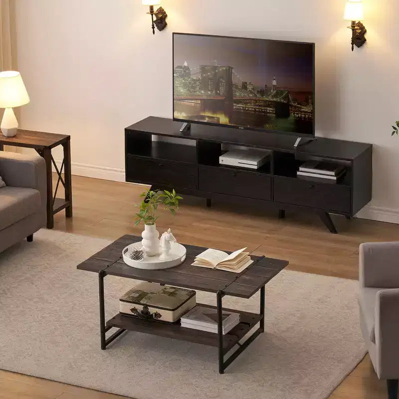 41 Inch Double Tiered Farmhouse Coffee Table with Storage Shelves, Modern Rustic Metal Rectangular Living Room Coffee Table, Decorative Furniture