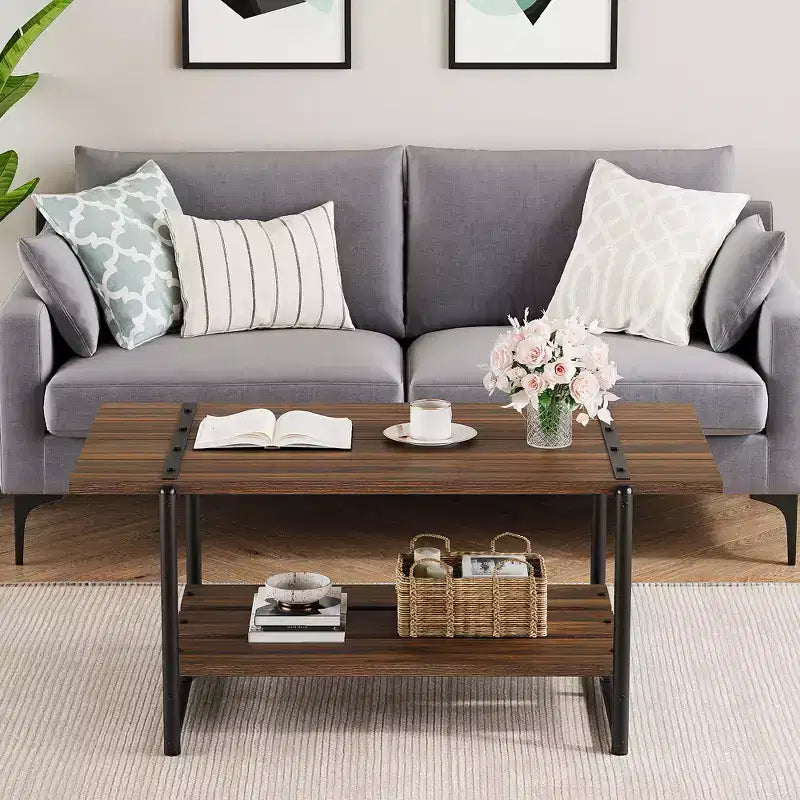 41 Inch Double Tiered Farmhouse Coffee Table with Storage Shelves, Modern Rustic Metal Rectangular Living Room Coffee Table, Decorative Furniture