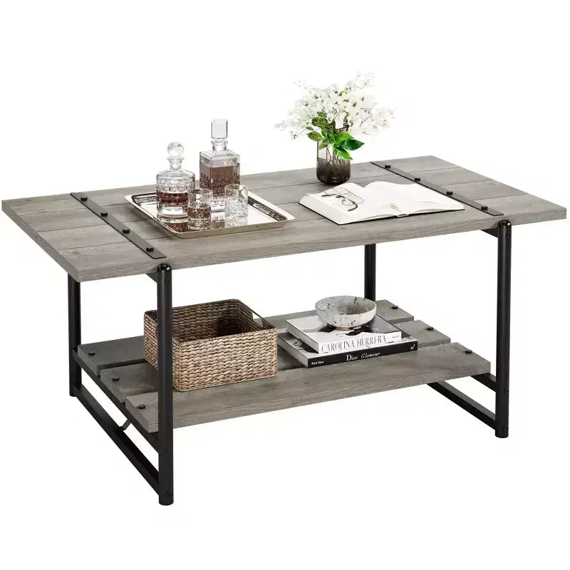 41 Inch Double Tiered Farmhouse Coffee Table with Storage Shelves, Modern Rustic Metal Rectangular Living Room Coffee Table, Decorative Furniture